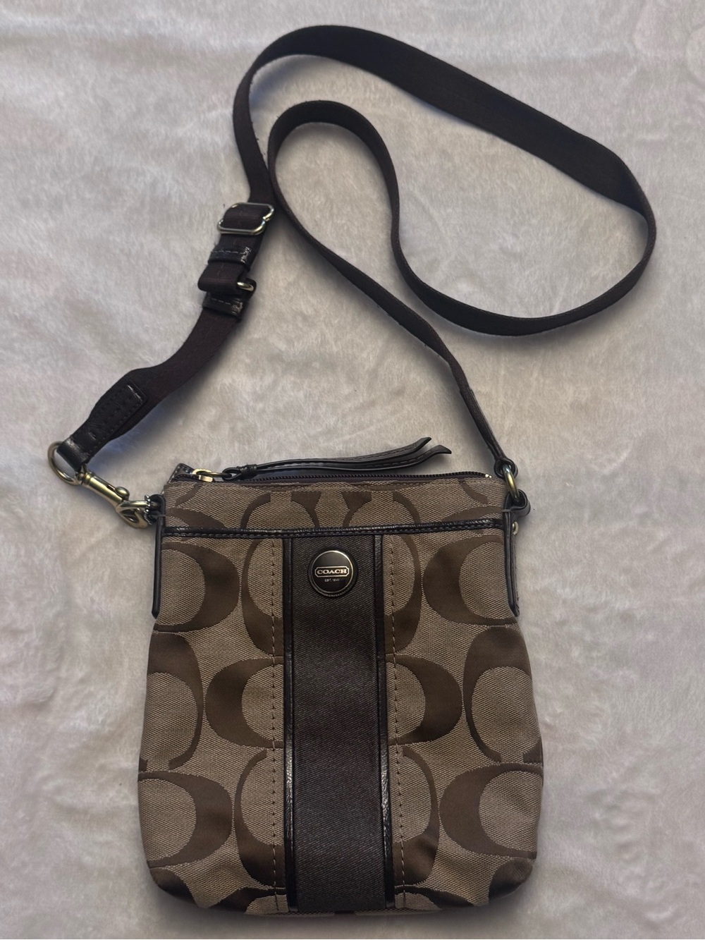 Coach Brown Signature Crossbody Bag with Dark Brown Trim